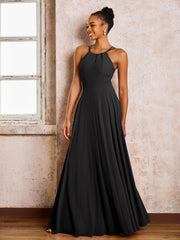 Robe Demoiselle d'Honneur Mousseline à Col Licou Longueur au Sol Noir