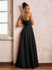 Robe Demoiselle d'Honneur Mousseline à Col Licou Longueur au Sol Noir