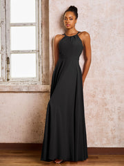 Robe Demoiselle d'Honneur Mousseline à Col Licou Longueur au Sol Noir