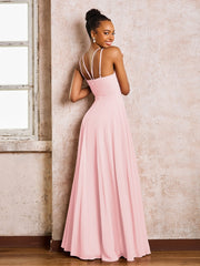 Robe Demoiselle d'Honneur Mousseline à Col Licou Longueur au Sol Rose Pâle