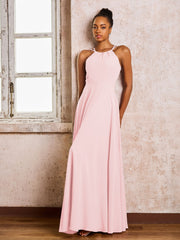 Robe Demoiselle d'Honneur Mousseline à Col Licou Longueur au Sol Rose Pâle