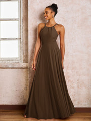 Robe Demoiselle d'Honneur Mousseline à Col Licou Longueur au Sol Brun