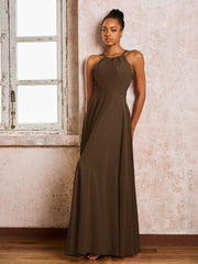 Robe Demoiselle d'Honneur Mousseline à Col Licou Longueur au Sol Brun