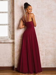 Robe Demoiselle d'Honneur Mousseline à Col Licou Longueur au Sol Bordeaux
