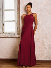 Robe Demoiselle d'Honneur Mousseline à Col Licou Longueur au Sol Bordeaux