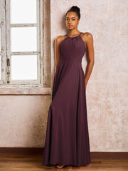 Robe Demoiselle d'Honneur Mousseline à Col Licou Longueur au Sol Cabernet