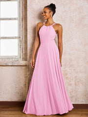 Robe Demoiselle d'Honneur Mousseline à Col Licou Longueur au Sol Rose Bonbon