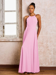 Robe Demoiselle d'Honneur Mousseline à Col Licou Longueur au Sol Rose Bonbon