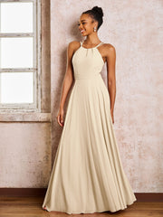 Robe Demoiselle d'Honneur Mousseline à Col Licou Longueur au Sol Champagne