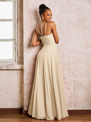 Robe Demoiselle d'Honneur Mousseline à Col Licou Longueur au Sol Champagne