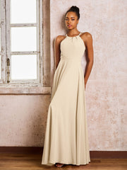 Robe Demoiselle d'Honneur Mousseline à Col Licou Longueur au Sol Champagne