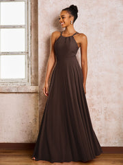 Robe Demoiselle d'Honneur Mousseline à Col Licou Longueur au Sol Chocolat