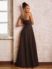 Robe Demoiselle d'Honneur Mousseline à Col Licou Longueur au Sol Chocolat