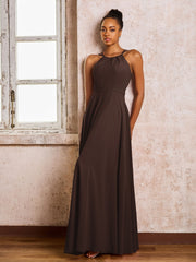 Robe Demoiselle d'Honneur Mousseline à Col Licou Longueur au Sol Chocolat