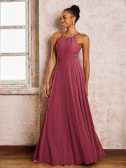 Robe Demoiselle d'Honneur Mousseline à Col Licou Longueur au Sol Cannelle Rose