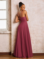 Robe Demoiselle d'Honneur Mousseline à Col Licou Longueur au Sol Cannelle Rose