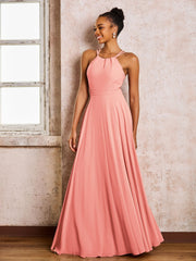 Robe Demoiselle d'Honneur Mousseline à Col Licou Longueur au Sol Corail