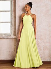 Robe Demoiselle d'Honneur Mousseline à Col Licou Longueur au Sol Jonquille