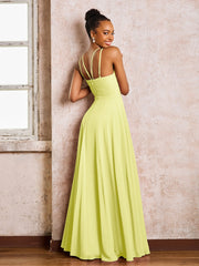 Robe Demoiselle d'Honneur Mousseline à Col Licou Longueur au Sol Jonquille