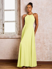 Robe Demoiselle d'Honneur Mousseline à Col Licou Longueur au Sol Jonquille