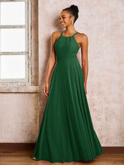 Robe Demoiselle d'Honneur Mousseline à Col Licou Longueur au Sol Vert Foncé