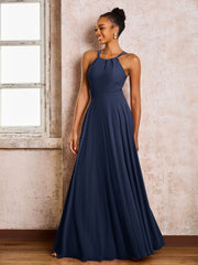 Robe Demoiselle d'Honneur Mousseline à Col Licou Longueur au Sol Bleu Marine