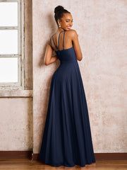 Robe Demoiselle d'Honneur Mousseline à Col Licou Longueur au Sol Bleu Marine