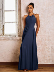 Robe Demoiselle d'Honneur Mousseline à Col Licou Longueur au Sol Bleu Marine