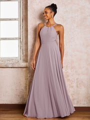 Robe Demoiselle d'Honneur Mousseline à Col Licou Longueur au Sol Crépuscule