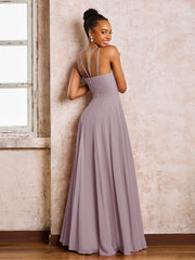 Robe Demoiselle d'Honneur Mousseline à Col Licou Longueur au Sol Crépuscule