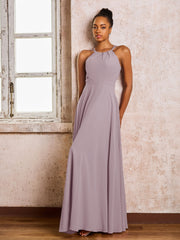 Robe Demoiselle d'Honneur Mousseline à Col Licou Longueur au Sol Crépuscule