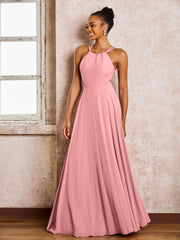 Robe Demoiselle d'Honneur Mousseline à Col Licou Longueur au Sol Flamant