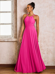 Robe Demoiselle d'Honneur Mousseline à Col Licou Longueur au Sol Fuchsia