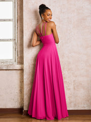 Robe Demoiselle d'Honneur Mousseline à Col Licou Longueur au Sol Fuchsia