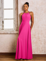 Robe Demoiselle d'Honneur Mousseline à Col Licou Longueur au Sol Fuchsia