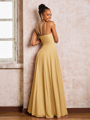 Robe Demoiselle d'Honneur Mousseline à Col Licou Longueur au Sol Or