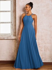 Robe Demoiselle d'Honneur Mousseline à Col Licou Longueur au Sol Bleu Encre