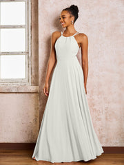 Robe Demoiselle d'Honneur Mousseline à Col Licou Longueur au Sol Ivoire