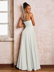 Robe Demoiselle d'Honneur Mousseline à Col Licou Longueur au Sol Ivoire