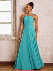 Robe Demoiselle d'Honneur Mousseline à Col Licou Longueur au Sol Jade