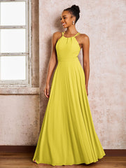 Robe Demoiselle d'Honneur Mousseline à Col Licou Longueur au Sol Citron