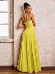 Robe Demoiselle d'Honneur Mousseline à Col Licou Longueur au Sol Citron