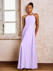 Robe Demoiselle d'Honneur Mousseline à Col Licou Longueur au Sol Lilas