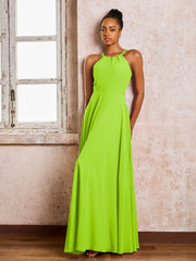 Robe Demoiselle d'Honneur Mousseline à Col Licou Longueur au Sol Vert Citron