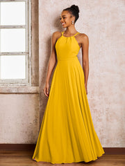 Robe Demoiselle d'Honneur Mousseline à Col Licou Longueur au Sol Souci