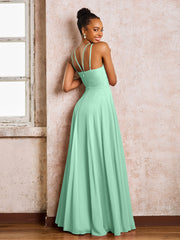 Robe Demoiselle d'Honneur Mousseline à Col Licou Longueur au Sol Vert Menthe