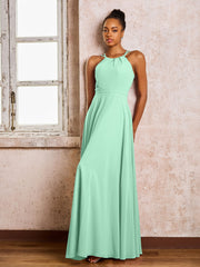 Robe Demoiselle d'Honneur Mousseline à Col Licou Longueur au Sol Vert Menthe