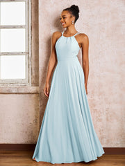 Robe Demoiselle d'Honneur Mousseline à Col Licou Longueur au Sol Brume