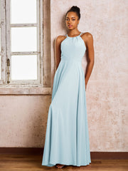Robe Demoiselle d'Honneur Mousseline à Col Licou Longueur au Sol Brume