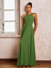 Robe Demoiselle d'Honneur Mousseline à Col Licou Longueur au Sol Mousse